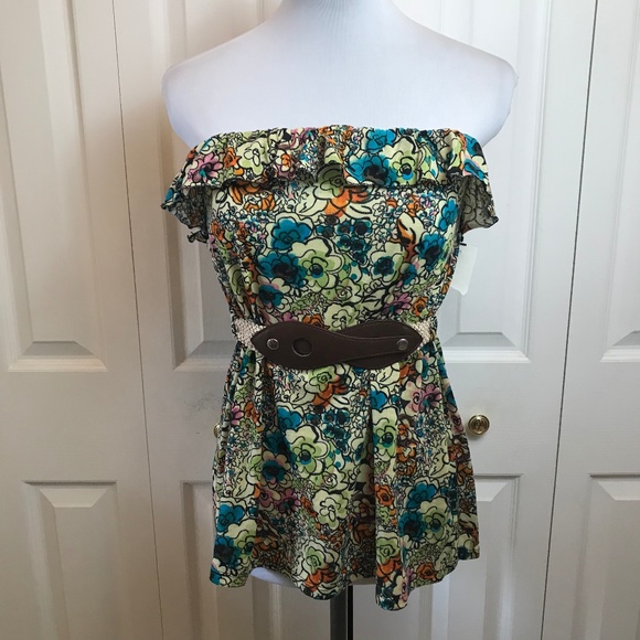 Derek Heart Floral Strapless Belted Ruffle Top NWT - Picture 1 of 6